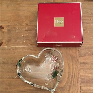 Mikasa Heart-Shaped Glass Bowl with Red and Green Holly